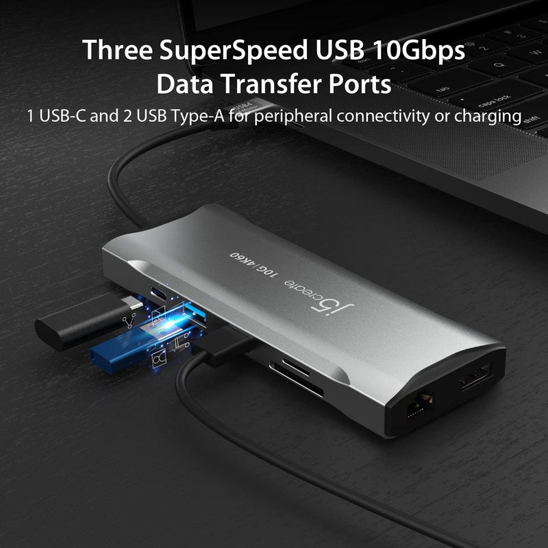 j5create USB C 4K Triple Display Hub - 4K HDMI x2, 4K DP, 2 USB-A and USB-C 10Gbps, PD 100W, Ethernet, SD 4.0 Card Reader | for XPS, Surface Pro (JCD397) - Image 5