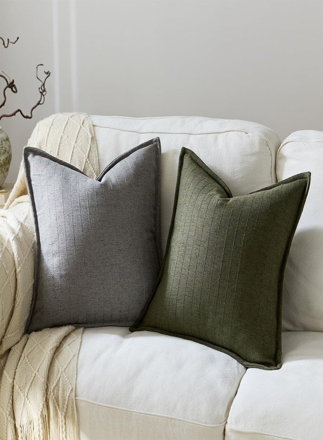 DEZENE 18x18 Linen Pillow Covers Olive Green Pack of 2 Farmhouse Boho Neutral Accents Striped Textured Square Decorative Throw Pillow Cases for Living Room Couch Bed Home Decor - Image 4