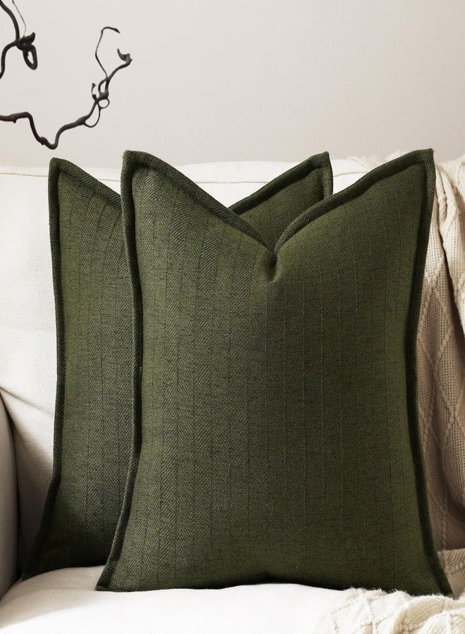 DEZENE 18x18 Linen Pillow Covers Olive Green Pack of 2 Farmhouse Boho Neutral Accents Striped Textured Square Decorative Throw Pillow Cases for Living Room Couch Bed Home Decor - Image 1