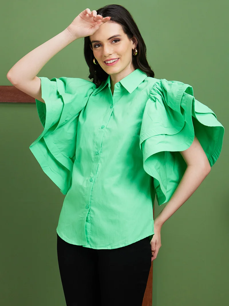 globus Women Green Shirt Style Cotton Flared Sleeves Top