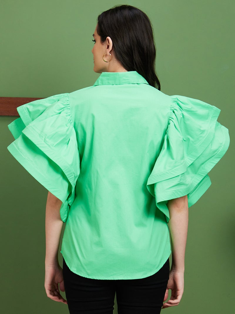globus Globus Women Green Shirt Style Cotton Flared Sleeves Top  - Image 3