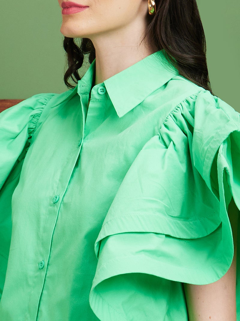 globus Globus Women Green Shirt Style Cotton Flared Sleeves Top  - Image 4