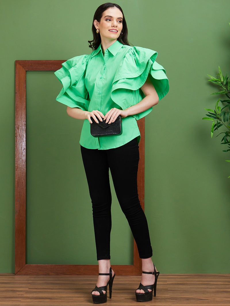 globus Globus Women Green Shirt Style Cotton Flared Sleeves Top  - Image 5