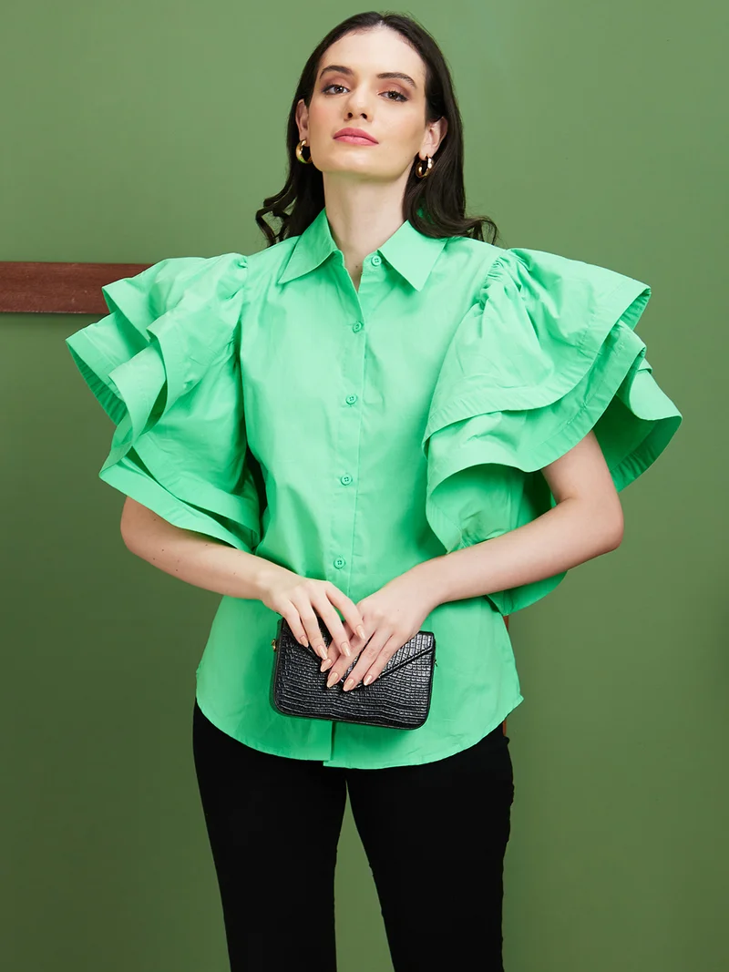 globus Women Green Shirt Style Cotton Flared Sleeves Top