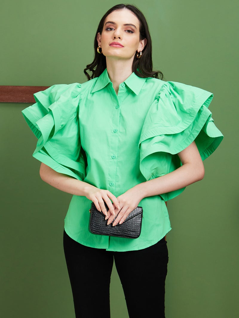 globus Globus Women Green Shirt Style Cotton Flared Sleeves Top  - Image 1