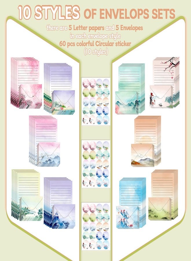 تاوباري مجموعة أوراق قرطاسية من تاوباري مكونة من 160 قطعة (50 ورقة كتابة مزدوجة الجوانب، 50 ظرفًا متطابقًا)، 60 ملصقًا دائريًا منقطًا، 10 تصاميم (رسم بالحبر، 5.5 × 8.25 بوصة). - Image 4