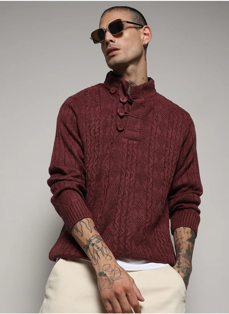 Campus Sutra Men's Maroon Red Rhombus Knit Sweater