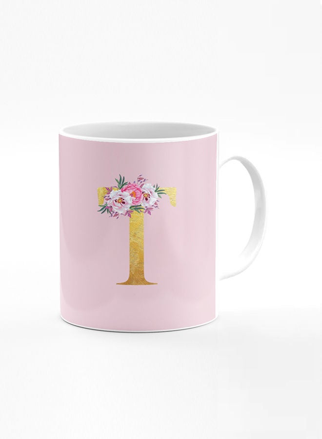 Stylizedd Stylizedd Designer Printed Coffee Mug 11oz Ceramic Personalised Gift Mugs Cup -Custom Monogram Initial Letter Floral Pattern Alphabet - T  (Pink ) - Image 1