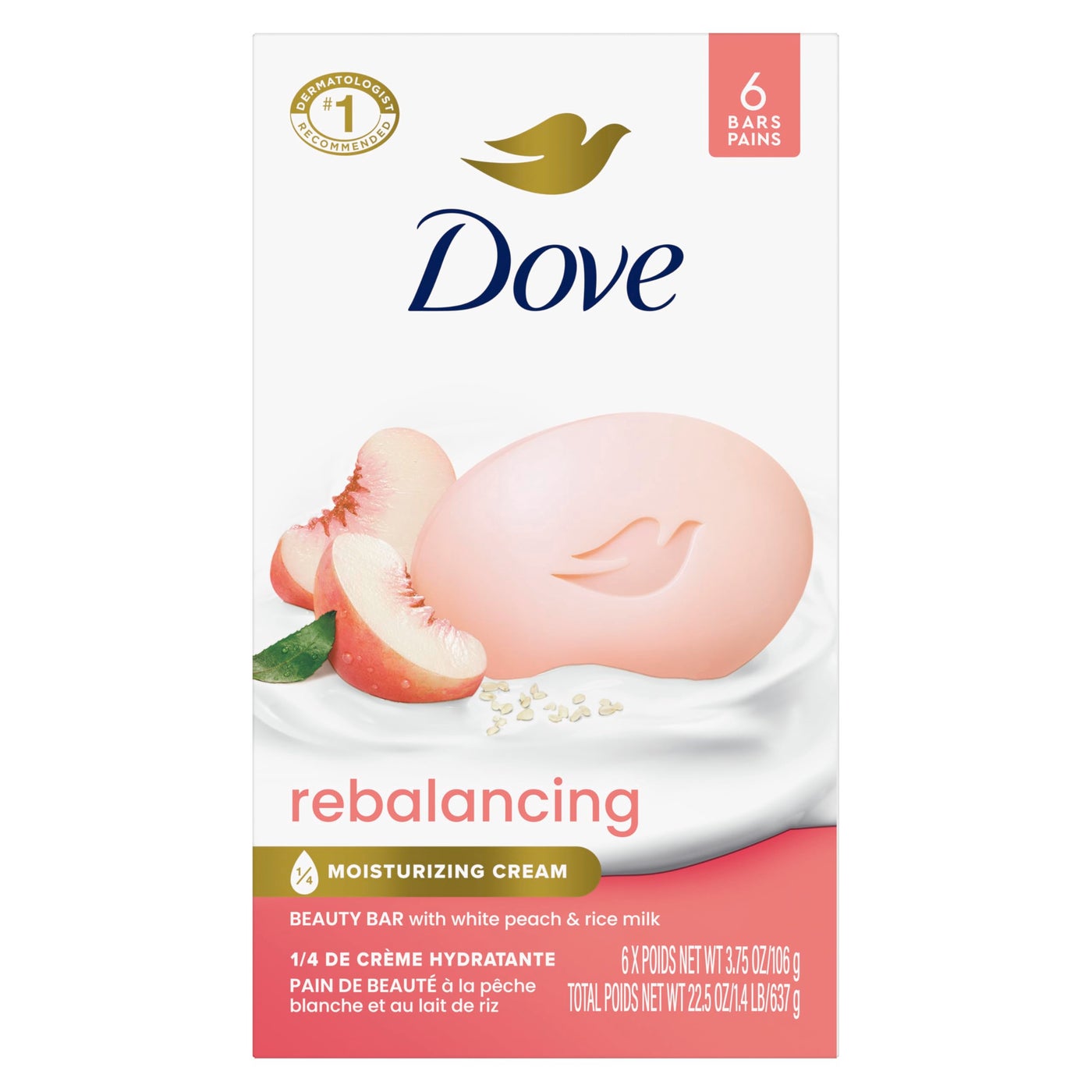 Dove Beauty Bar Soap Rebalancing White Peach & Rice Milk 6 Count for a Nourished and Moisturized Skin, with Â¼ Moisturizing Cream Plant-Based Formula, 3.75 oz