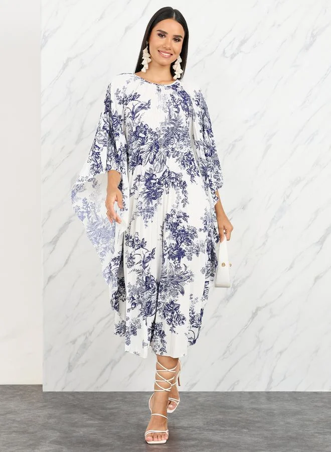 Take Two Floral Print Batwing Sleeve A-Line Midi Dress