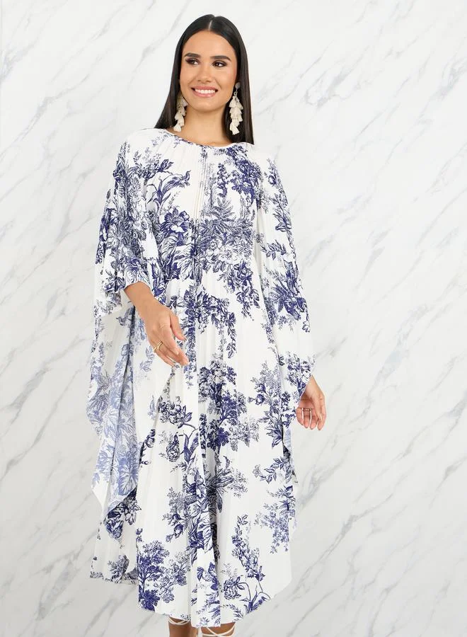 Take Two Floral Print Batwing Sleeve A-Line Midi Dress