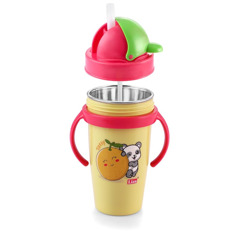 Nabhya Hot & Cold Insulated Stainless Steel 360ml BPA-Free Cute Animal Design Baby Sipper Kids Water Bottle with Straw and Side Handle for Kids (Yellow) - Image 1
