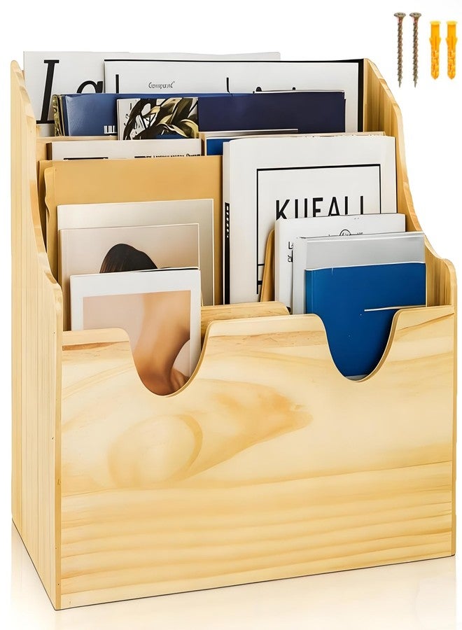 Acshio Wood Magazine Holder, 4 Tiers Wall Mounted Desktop Magazine File Divided Organizer, Mail Paper Sorter Newspaper Storage Bin Basket for Office, Home - Image 1