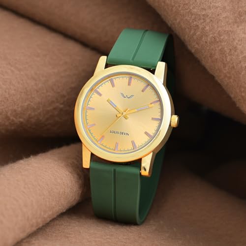 LOUIS DEVIN Green Silicone Strap Analog Wrist Watch for Men (Golden Dial) | LD-GOLD074-GRN - Image 3