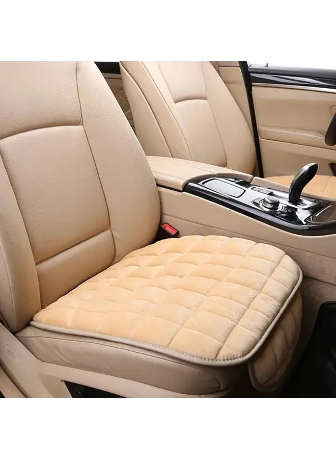 Beige Soft Plush Car Seat Cushion Winter Warm Non Slip Bottom Pocket Universal Fit - Image 5