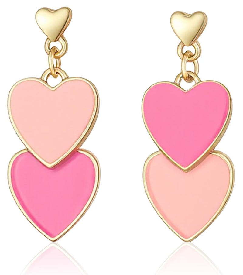 Lotsof Double Heart Drop Earrings, Gold Tone with Enamel, Valentine's Day Jewelry, Multiple Color Options (Pink) - Image 1