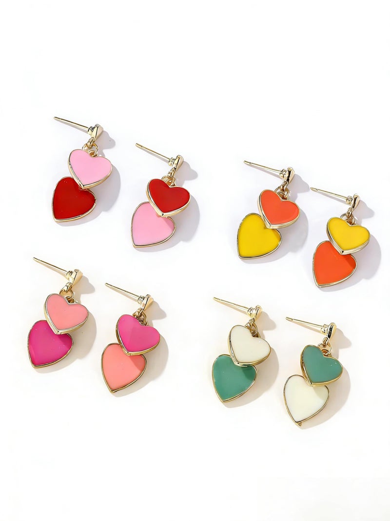 Lotsof Double Heart Drop Earrings, Gold Tone with Enamel, Valentine's Day Jewelry, Multiple Color Options (Pink) - Image 2