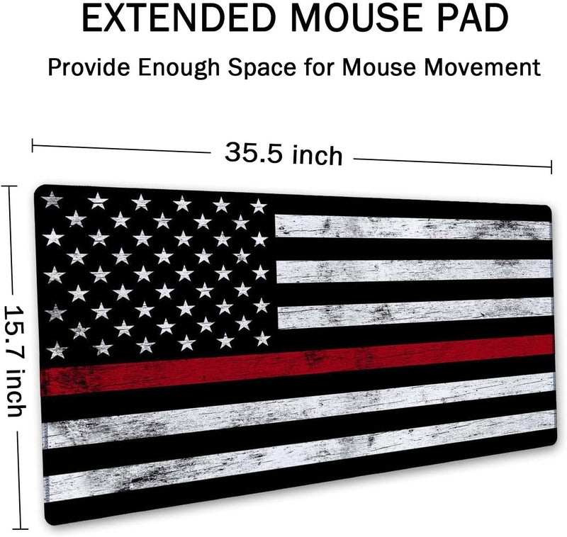 SSOIU Extended Gaming Mouse Pad (35.5x15.7 in), Large Stable Rubber Base Mousepad with Stitched Edges, Keyboard Mouse Mat Desk Pad for Work, Game, Office, Home - Fire Fighter Thin Red Line Flag - Image 2