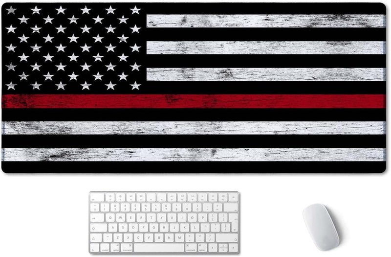 SSOIU Extended Gaming Mouse Pad (35.5x15.7 in), Large Stable Rubber Base Mousepad with Stitched Edges, Keyboard Mouse Mat Desk Pad for Work, Game, Office, Home - Fire Fighter Thin Red Line Flag - Image 1
