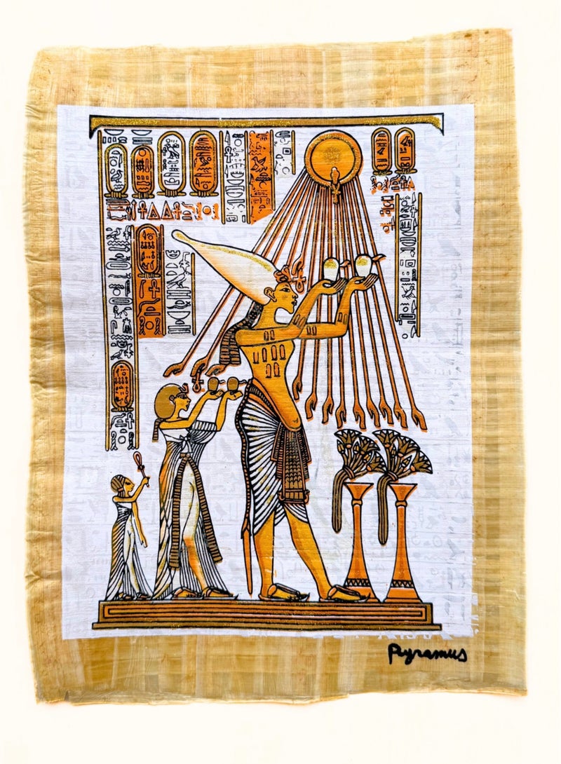 أخناتون، بردية مضيئة مصنوعة يدويًا 100%، 30×40 سم، ذهبي - Image 1