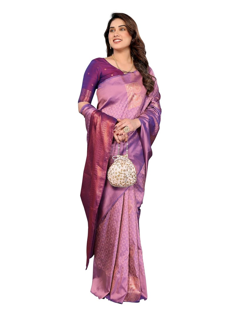 Sidhidata ساري سيدي داتا النسائي من حرير بناراسي الناعم بتصميم زري مزخرف مزهر مع قطعة بلوزة غير مخيطة - Image 1