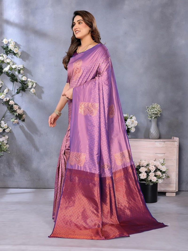 Sidhidata ساري سيدي داتا النسائي من حرير بناراسي الناعم بتصميم زري مزخرف مزهر مع قطعة بلوزة غير مخيطة - Image 5