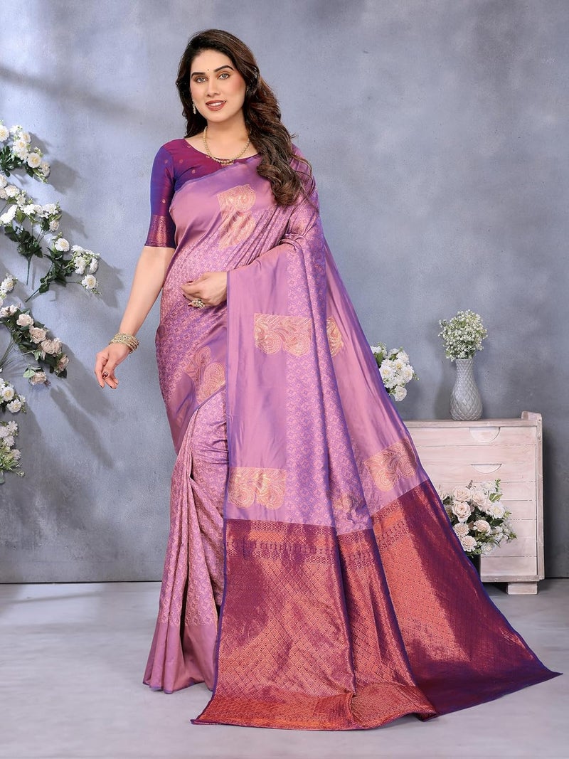 Sidhidata ساري سيدي داتا النسائي من حرير بناراسي الناعم بتصميم زري مزخرف مزهر مع قطعة بلوزة غير مخيطة - Image 2