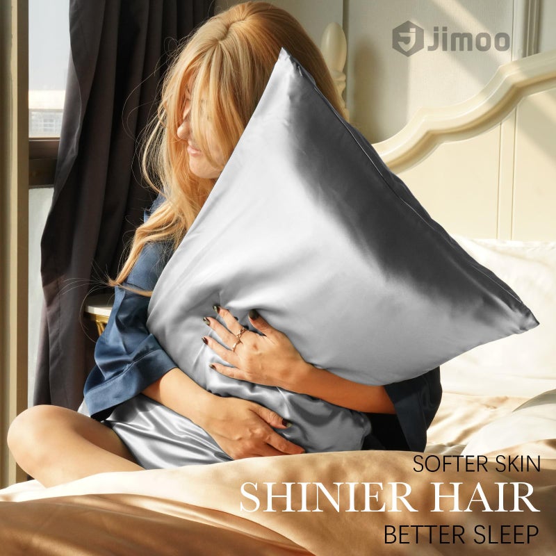J JIMOO 100% Mulberry Silk Pillowcase for Hair and Skin, 22 Momme Pure Natural Silk Pillow Case Both Sided with Zipper, Pillow Cover for Women Mom Men (Silver Grey, Standard 20''Ã—26'', 2 Pack) - Image 2