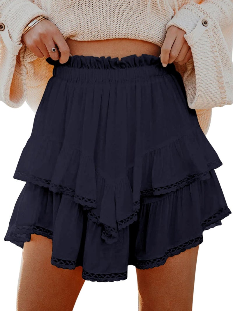 Aoudery Flowy Shorts for Women Casual Boho Ruffle Tiered Skorts High Waist Mini Skirts Golf Tennis Butterfly Crochet Shorts Navy Blue M - Image 2