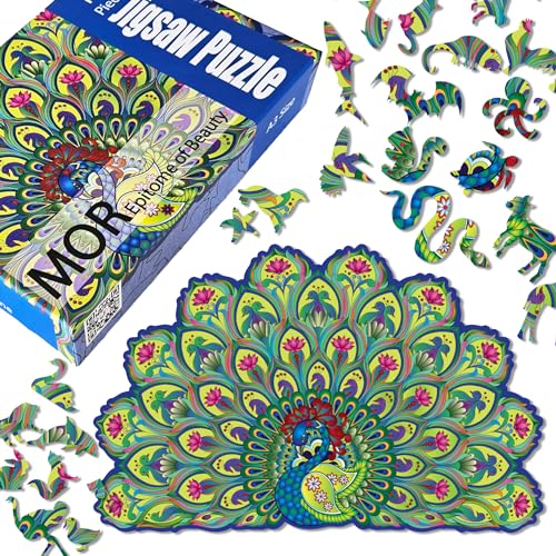 Ambiyaa Peacock| Wooden Jigsaw Puzzle for Kids & Adults | 31 Unique Animal Shape Pieces | Challenging and Educational Puzzle Game | 136 Pieces | 3+ Hours | Large A3 Size - Image 1