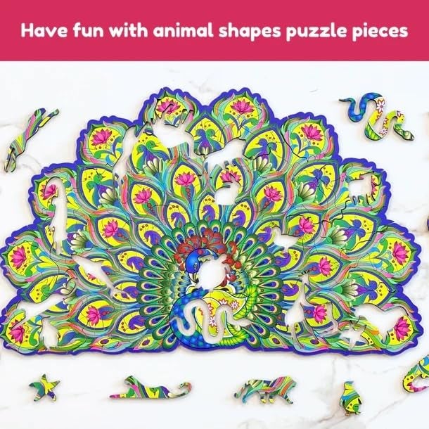 Ambiyaa Peacock| Wooden Jigsaw Puzzle for Kids & Adults | 31 Unique Animal Shape Pieces | Challenging and Educational Puzzle Game | 136 Pieces | 3+ Hours | Large A3 Size - Image 3
