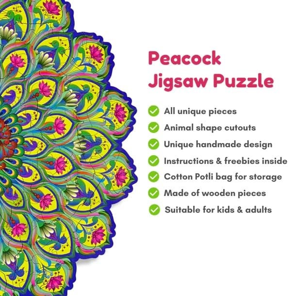 Ambiyaa Peacock| Wooden Jigsaw Puzzle for Kids & Adults | 31 Unique Animal Shape Pieces | Challenging and Educational Puzzle Game | 136 Pieces | 3+ Hours | Large A3 Size - Image 2