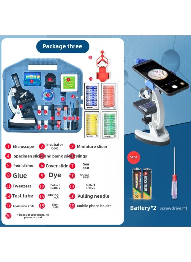 Children's Microscope 1200 Times Household Portable Primary School Students Junior High School Students Biological Specimen Professional Scientific Experiment Set-Color:Alloy Microscope For Primary And Secondary Schools (send A Full Set Of Toolbox + Bracket +48 Specimens)  - Image 1