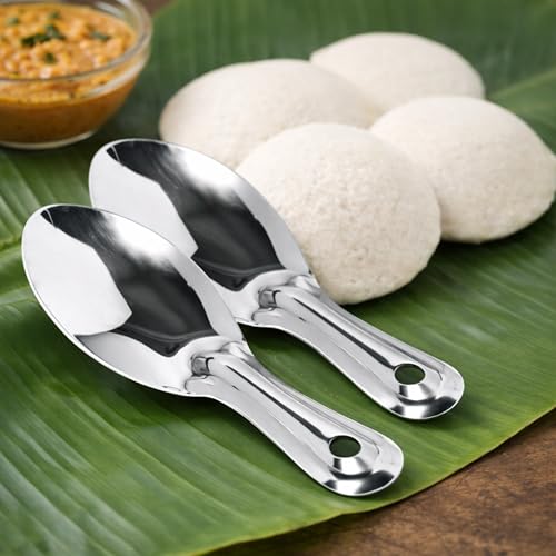 Slynuss ® | Stainless Steel Idli Spoon Set | Thatte Idli Maker Ponganalu Spoon - Serving Spoon Set | Small Polished Idli Serving Spoons | Idli Spoon for Removing idli | 5x13- cms (Silver) -Set of 2 - Image 1