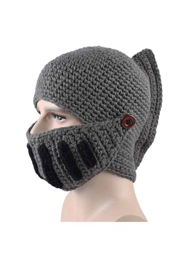 SYOSI Roman Knight Helmet Winter Warm Hat, Visor Crochet Knit Beanie Hat Mask Set Handmade Winter Knit Beanie Hat Winter Roman Knight Knit Hat Earflap Ski Hat Winter Knitted Hat for Adult Kids - Image 2