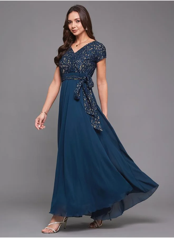 Styli Teal Lace A-Line Maxi Evening Dress