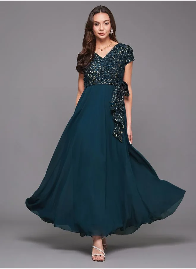 Styli Teal Lace A-Line Maxi Evening Dress