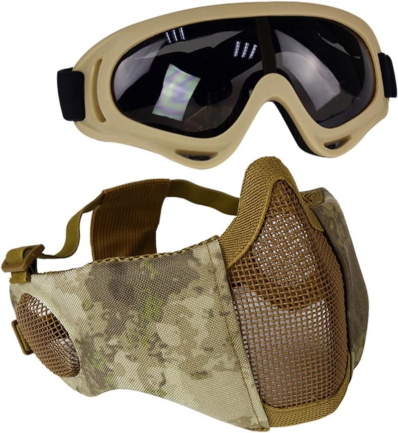 Aoutacc Airsoft Protective Gear Set, Half Face Mesh Mask with Ear Protection and Tactical Goggles for Adult Men Women BBS Paintball Shooting CS Survival Games Cosplay - Image 1
