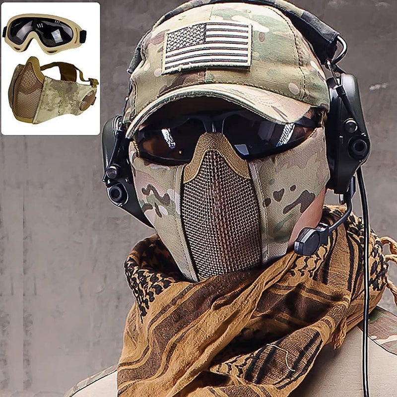 Aoutacc Airsoft Protective Gear Set, Half Face Mesh Mask with Ear Protection and Tactical Goggles for Adult Men Women BBS Paintball Shooting CS Survival Games Cosplay - Image 5