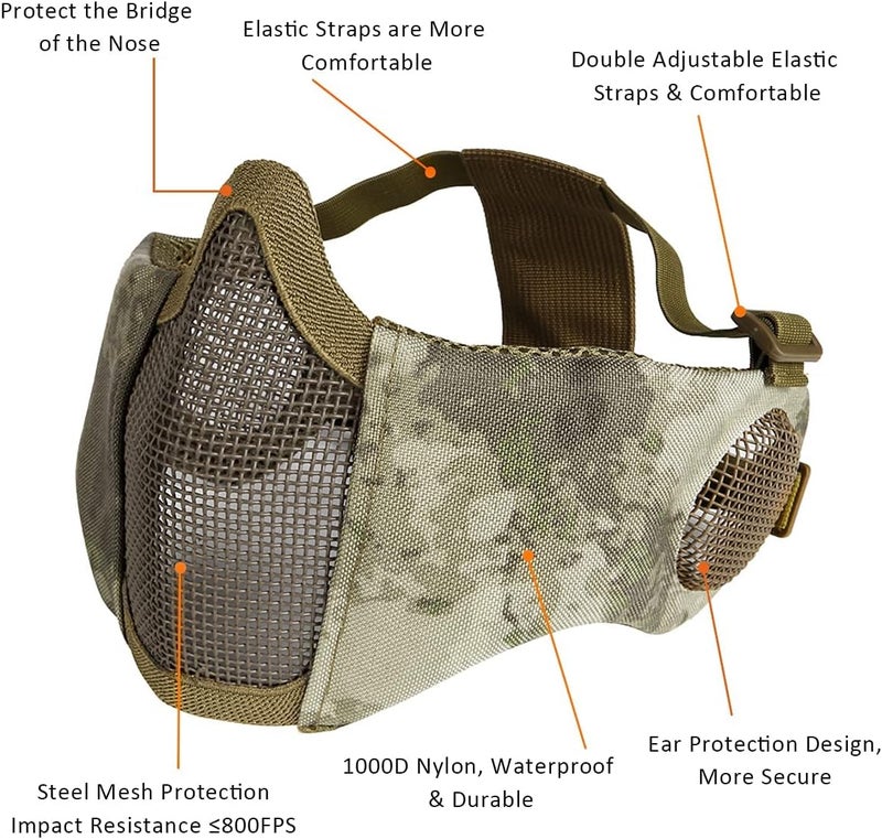 Aoutacc Airsoft Protective Gear Set, Half Face Mesh Mask with Ear Protection and Tactical Goggles for Adult Men Women BBS Paintball Shooting CS Survival Games Cosplay - Image 2