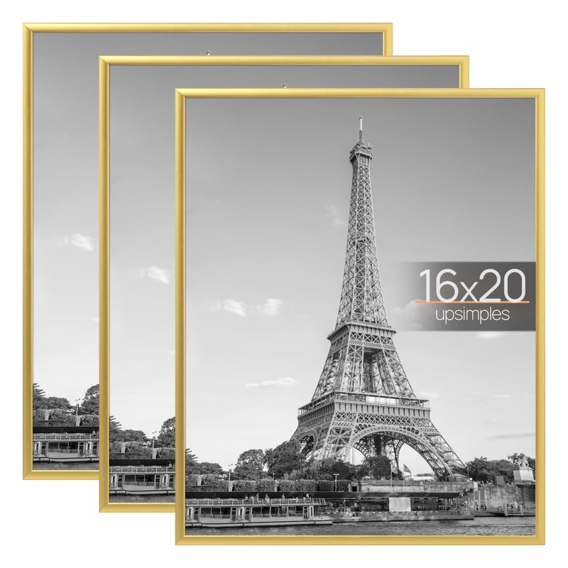 upsimples 16x20 Picture Frame Gold 3 Pack, Scratch-Proof Poster Frames 16 x 20 for Photo Gallery - Slide-In Strips, Horizontal or Vertical Wall Mounting - Image 1