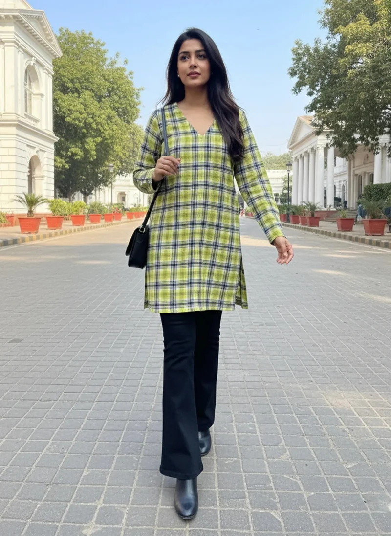 ترو برونز بلوزة صوفية كاروهات باللون الأخضر الفاتح من  بفتحة جانبية