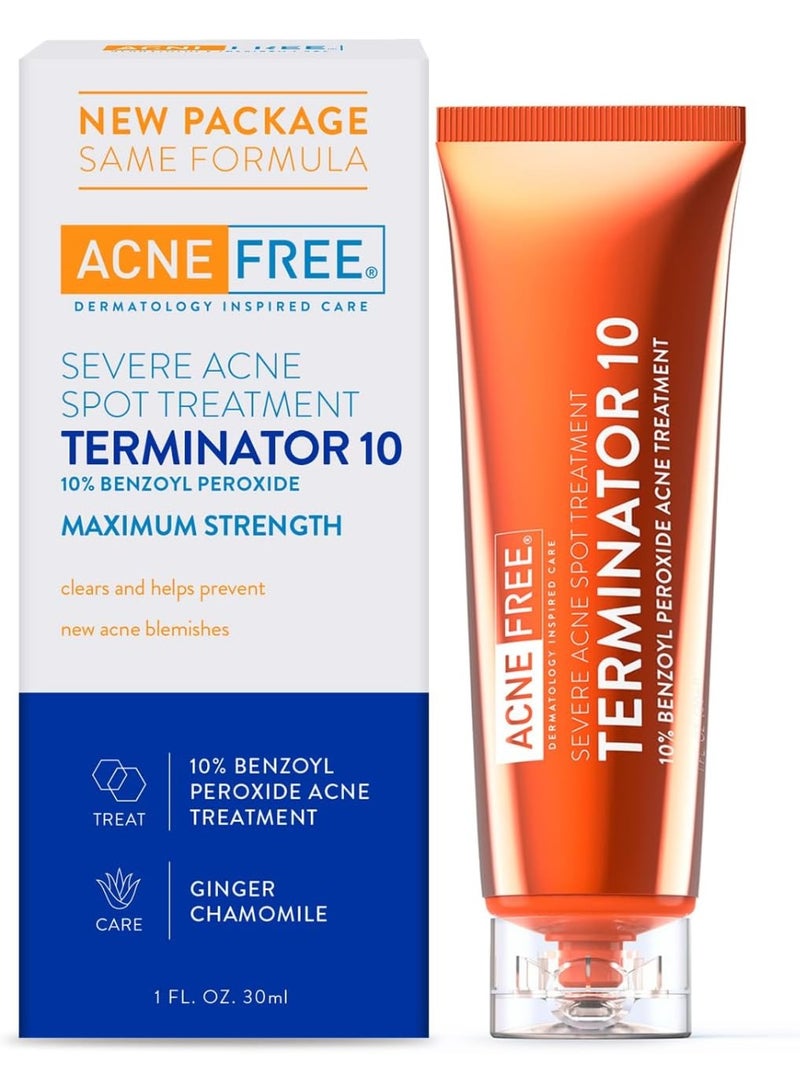 AcneFree Terminator 10 30ml, Acne Spot Treatment with Benzoyl Peroxide 10% Maximum Strength Acne Cream Treatment - Image 1