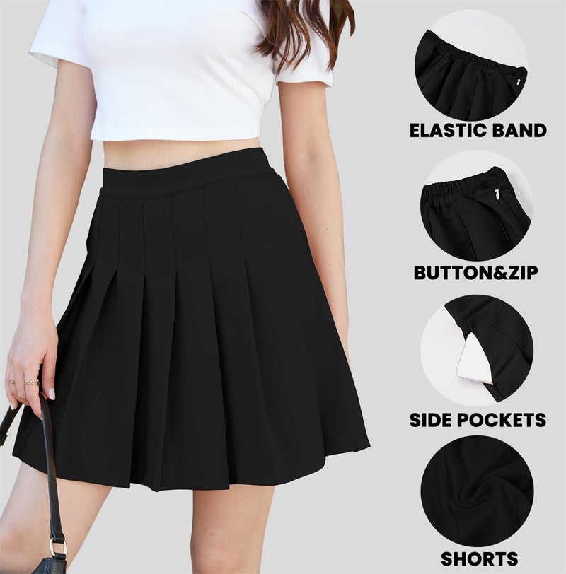 SANGTREE Women Pleated Tennis Skirts, High Waist Skater Mini Y2K Athletic Skorts with Pockets Cotton Tummy Control, Black US L - Image 5