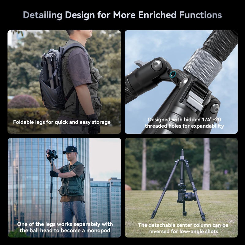 SMALLRIG حامل ثلاثي صغير من SmallRig AP-20 مصنوع من ألياف الكربون، حامل كاميرا بارتفاع 62.2" مع عمود مركزي، حاملات ثلاثية خفيفة الوزن ومضغوطة مع رأس كروي بزاوية 360 درجة، سعة تحميل 26.5 رطل، لوحة تحرير سريعة، لكاميرا DSLR - 4059 - Image 3