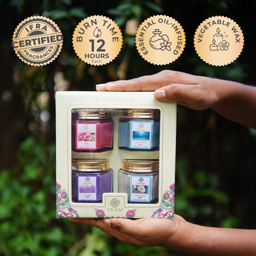 EKAM Scented Candles Combo Pack of 4 Hexa Jar Gift Set | Fresh Cotton, Ocean Dream, Lavender & Rose | 50g Each | 12 Hr Burn | Long Lasting Fragrance Candles for Diwali, Wedding & Home Décor - Image 2