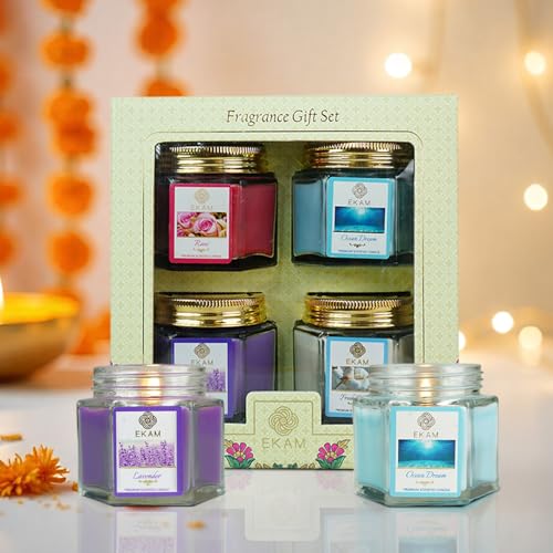 EKAM Scented Candles Combo Pack of 4 Hexa Jar Gift Set | Fresh Cotton, Ocean Dream, Lavender & Rose | 50g Each | 12 Hr Burn | Long Lasting Fragrance Candles for Diwali, Wedding & Home Décor - Image 1