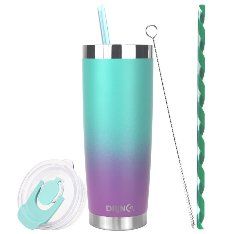 Drinco - 20 oz Stainless Steel Tumbler  Double Walled Vacuum Insulated Mug With Lid  2 Straws  For Hot & cold Drinks (20oz  20oz Ombre Fuschia Teal)
