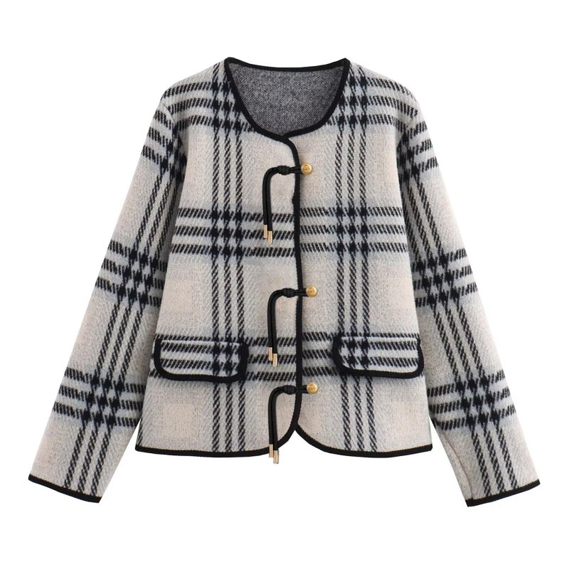 HOULENGS Women's Vintage Plaid Cardigan Sweaters Long Sleeve Button Down Knit Jackets Crewneck Fall Sweater Coat with Pockets Grey X-Large - Image 1