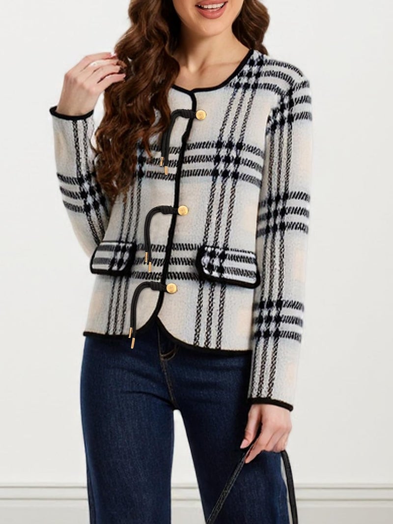 HOULENGS Women's Vintage Plaid Cardigan Sweaters Long Sleeve Button Down Knit Jackets Crewneck Fall Sweater Coat with Pockets Grey X-Large - Image 4